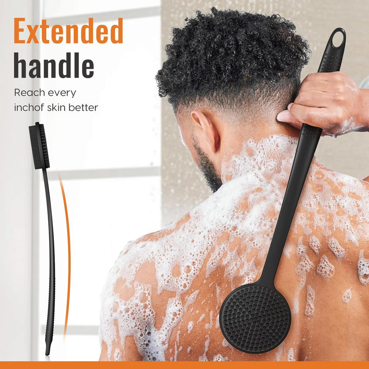Silicone Back Scrubber for Shower, 17In Lengthen Long Handle Body Brush, Double Sided Shower Brush for Shower Exfoliating and Massage Can Produce Rich Foam, Long Handle Back Scrubber for Men.