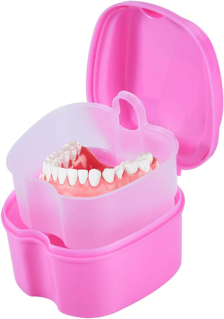 2 Pack Colors Denture Bath Case Cup Box Holder Storage Soak Container with Strainer Basket for Travel Cleaning (Light Blue and Blue)