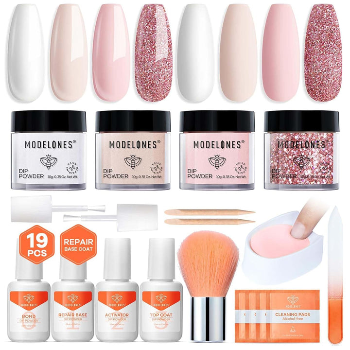 Dip Powder Nail Kit, 4 Colors Fall Orange Glitter Dipping Starter Set with Liquid and Complete Accessories for French Nails Art Salon DIY at Home Manicure