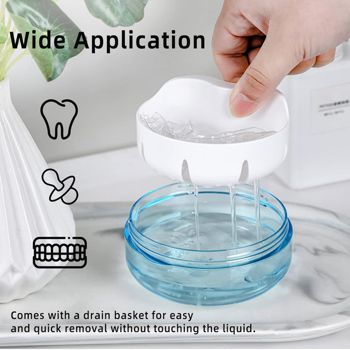 Leak Proof Denture Cup Kit Portable Retainer Case Perfect for Travel, Denture Case Container Cleaning Care for Dentures Aligner Mouth Guard with Denture Brush,Strainer, Removal Tool and Mirror