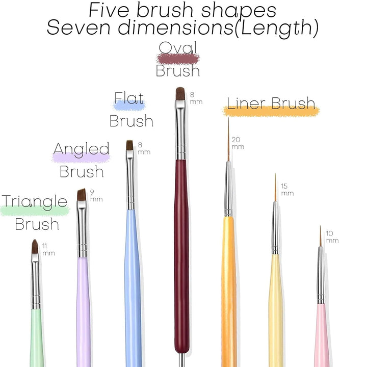 7PCS Nail Art Brushes, Nail Design Painting Brush Set with Nail Polish Brush, Nail Liner Brush, Nail Extension Gel Brush, Builder Nail Gel Brush, and Multi-Size Dotting Pens for DIY Nail Art
