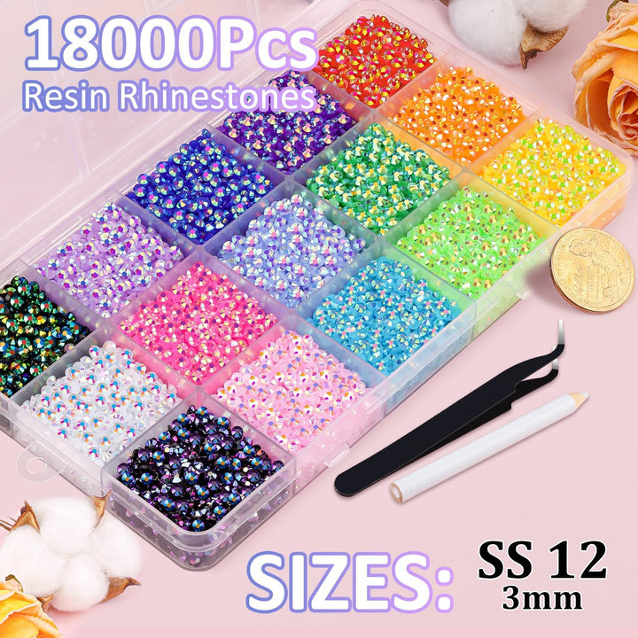 18000Pcs Resin Jelly Rhinestones for Bedazzling, Multicolor 3Mm Flatback Rainbow Gems, Bedazzler Kit with 3Pcs 10Ml B7000 Jewelry Glue for Crafts Crafting Book Shoes Nail Art