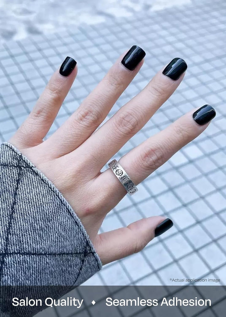 Semi Cured Gel Nail Strips (N Onyx) - Dark, Solid, Works with Any UV/LED Lamps, Salon-Quality, Long Lasting, Easy to Apply & Remove - Includes 2 Prep Pads, Nail File & Wooden Stick