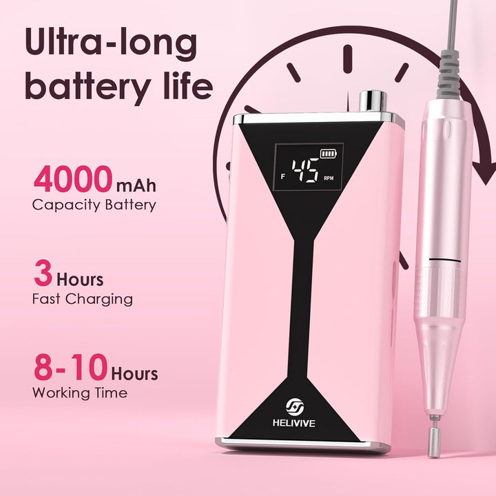 Professional Electric Nail Drill 45000RPM (Portable & Rechargeable) (With 11 Drill Bits ) Cordless Nail File Machine for Shaping, Polishing & Removing Gel Nails for Salon Home (Pink)