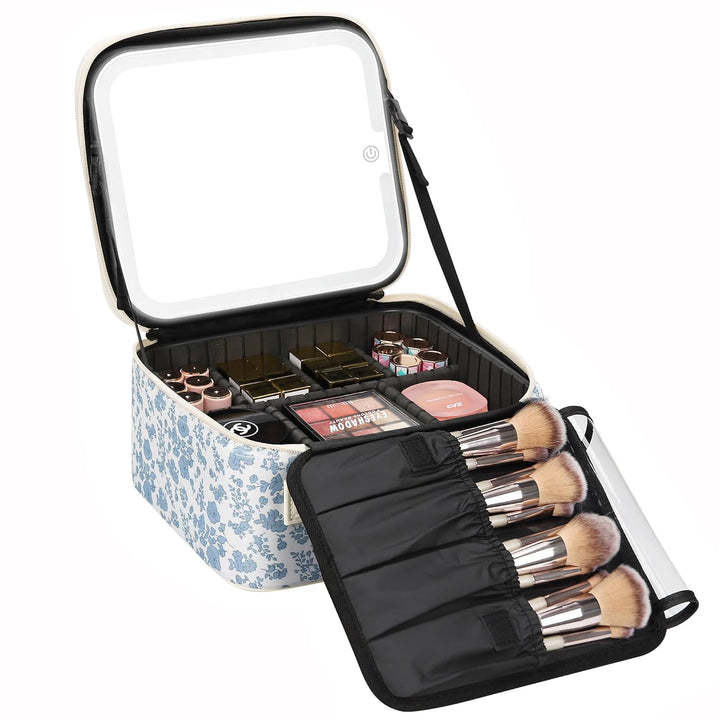 Travel Makeup Bag with LED Mirror, Cosmetic Train Case with Light up Mirror, Portable Makeup Artist Organizer Bag with Adjustable Dividers, Makeup Brush Holder Storage, Black