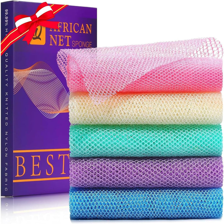 3 Pieces African Bath Sponge African Net Long Net Bath Sponge Exfoliating Shower Body Scrubber Back Scrubber Skin Smoother,Great for Daily Use (Pink,Yellow,Purple)