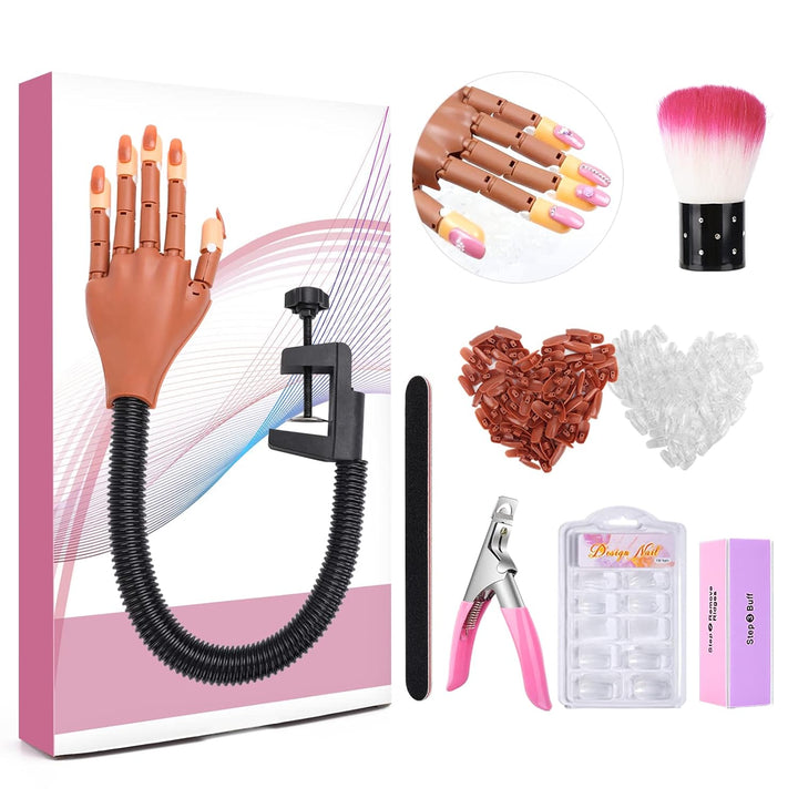 Practice Hand for Acrylic Nails, Flexible Nail Practice Hands Training Kits, Fake Manican Hands for Nails Practice, Movable Nail Maniquin Hand with 300PCS Nail Tips, File, Brush and Clipper