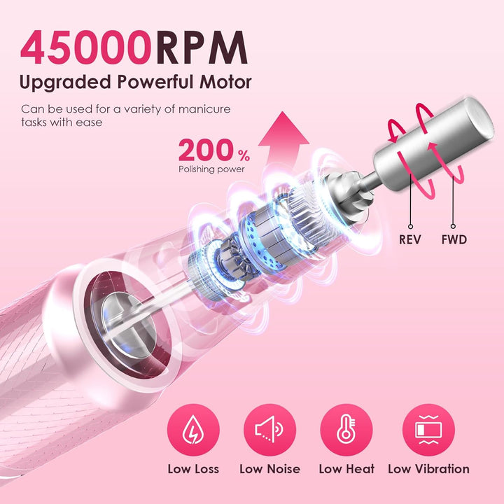 Professional Electric Nail Drill 45000RPM (Portable & Rechargeable) (With 11 Drill Bits ) Cordless Nail File Machine for Shaping, Polishing & Removing Gel Nails for Salon Home (Pink)