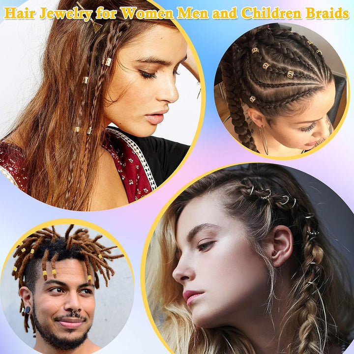 220 Pcs Gold Hair Jewelry for Braids, Loc Jewelry for Hair Dreadlock, Loc Charms for Women, Metal Gold Braids Rings Cuffs Clips for Dreadlock Accessories Clip Braids Extensions Decorations