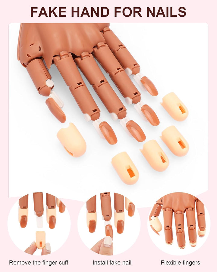 Practice Hand for Acrylic Nails, Flexible Nail Practice Hands Magnetic Fake Hands for Nails Practice, Movable Nail Mannequin Hand with 200PCS Nail Tips for Beginners,13.9 * 6.2 * 1.9