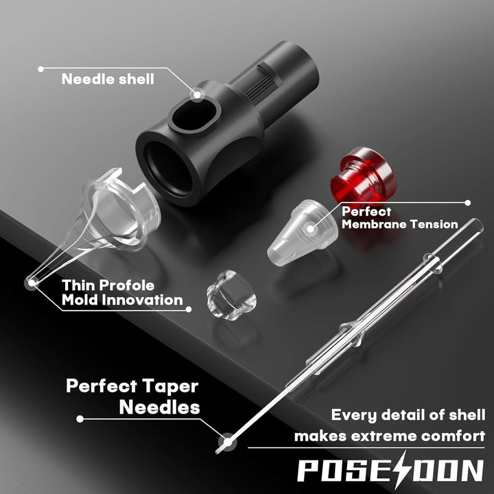 POSEIDON 50PCS Tattoo Cartridge Needles Assorted Mixed Size #12 round Liner Shader Magnum - 5RL 7RL 9RL 5RS 7RS 9RS 7M1 15M1 7RM 15RM with Membrane Professional Disposable Tattoo Needles