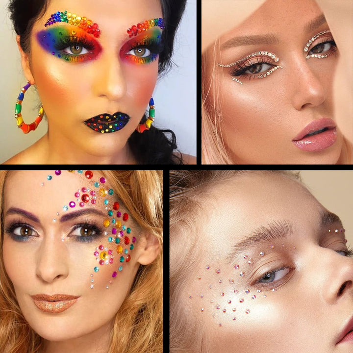 Flat Back Rhinestone Kits Colorful Rhinestones+Crystal Ab&Transparent White Face Gems Nail Gem with Quick Dry Makeup Glue+Picker Pencil+Tweezer for Bedazzling Face Makeup and Nail Art