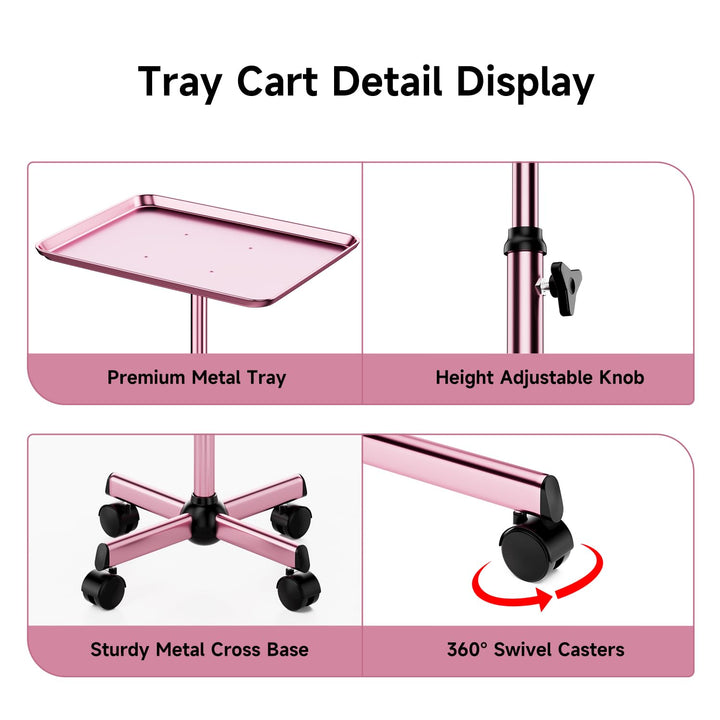 Salon Tray Cart Rolling Tray Spa Tray,Tattoo Tray Dental Tray Height Adjustable,Salon Tray on Wheels Premium Metal Rolling Trolley,Pink