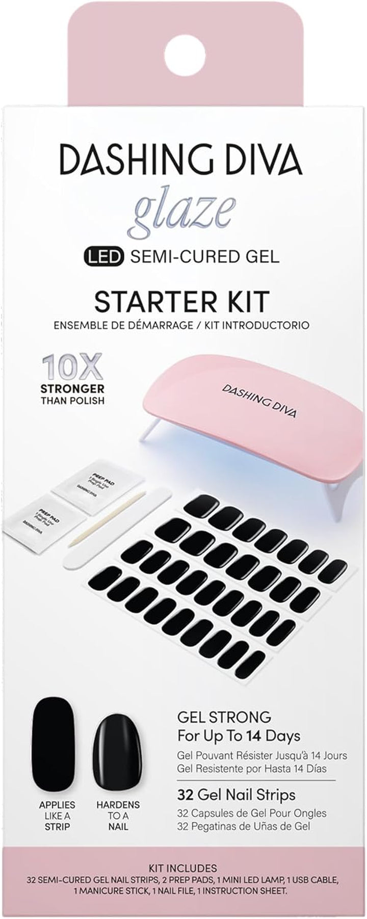 Glaze Nail Starter Kit - Real Black - Long Lasting, Chip Resistant, Semi-Cured Gel Nail Strips - 7-Piece Manicure Set with 32 Strips and Mini LED Lamp