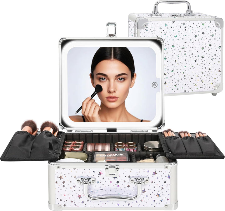 Makeup Bag with LED Mirror, Makeup Box Travel Train Case with Rechargeable Lighted Mirror & Adjustable Dividers, Cosmetic Brush Organizer Storage for Makeup Artists Gifts for Women and Girls