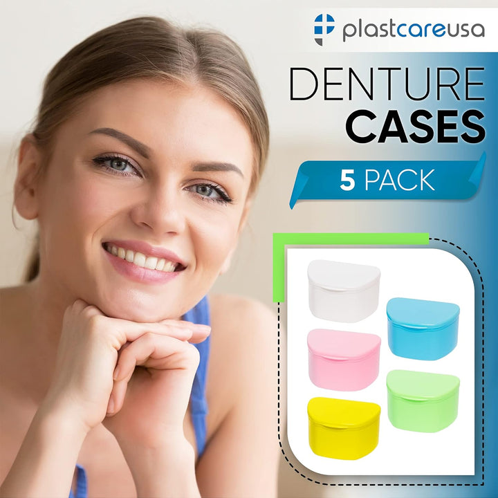 Denture Cases 5 Color Pack - Dental Box for Artificial Teeth, Mouth Guard, Night Guard, Gum Shields, Retainer - Denture Bath Container for Women and Men - Travel Denture Cup by
