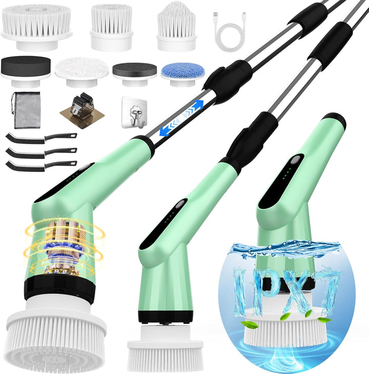 Electric Spin Scrubber,  IPX7 Bathroom Scrubber with 7 Replaceable Brush Heads & Retractable Handle, 2-Speed Adjustable Shower Cleaner Brush for Bathroom, Bathtub, Kitchen, Tile Floors