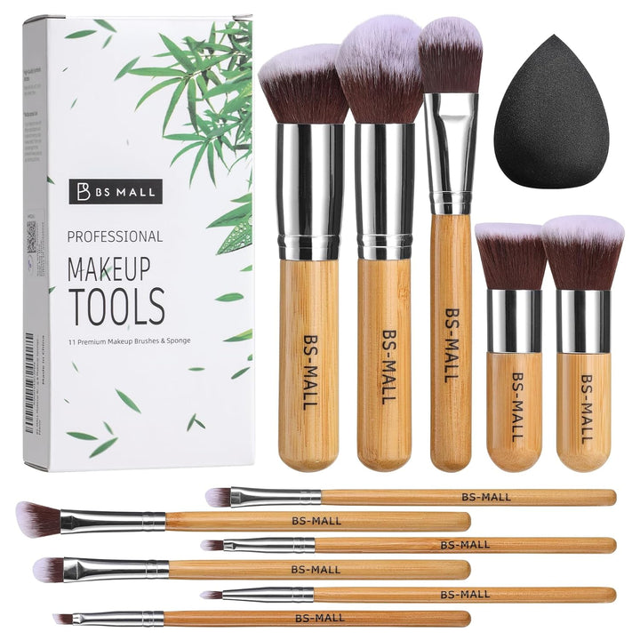 Makeup Brush Set 11Pcs Bamboo Synthetic Kabuki Brush Set Foundation Powder Blending Concealer Eye Shadows Blush Cosmetics Brushes with Organizer Bag & Makeup Sponge (Style, Count, 12)