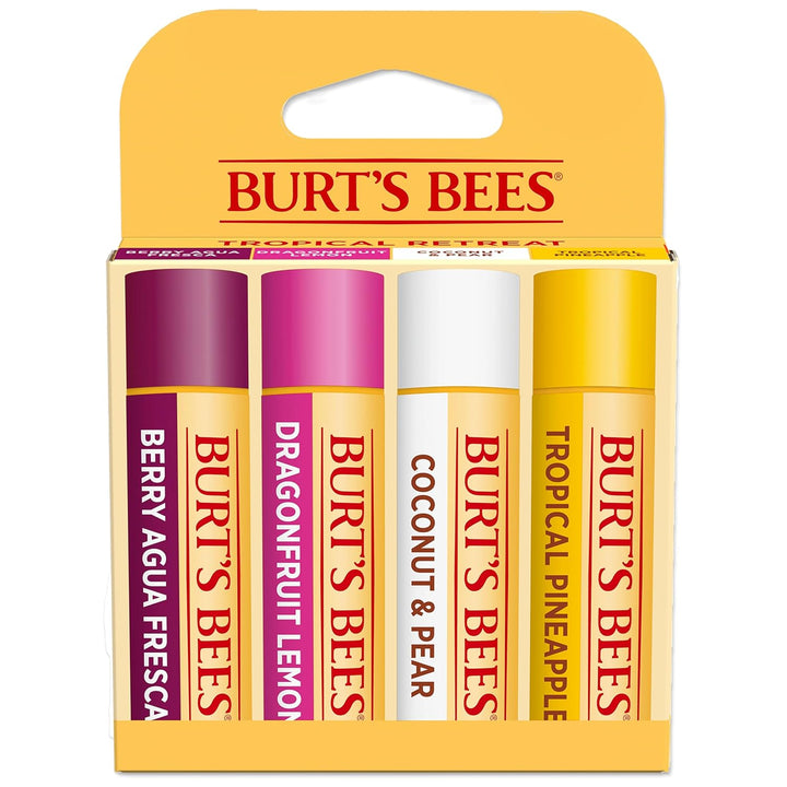 Lip Balm - Pink Grapefruit, Mango, Coconut & Pear, and Pomegranate Pack, Lip Moisturizer with Beeswax, Tint-Free, Natural Origin Conditioning Treatment, 4 Tubes, 0.15 Oz.