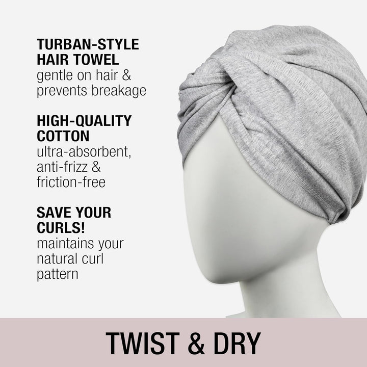 Cotton Twist & Wrap Hair Towel, Fast Drying Ultra-Absorbent Hair Plop for All Types and Lengths, Turban-Style Cotton Towel Helps Maintain Natural Curl Style, Gray