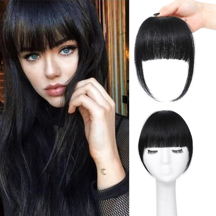 Clip in Bangs 100% Real Human Hair Extensions Wispy Natural Black Fake Bangs Hair Clip on Bangs for Women Fringe with Temples Hairpieces Faux Bangs for Daily Wear