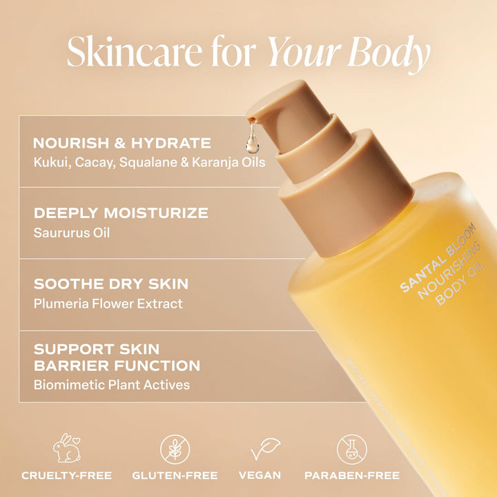 Body Oil. Luxurious Santal Bloom after Shower and Bath Oil Moisturizer for Women and Men. Botanical, Non-Greasy, and Well-Absorbing Lotion for Hydrating Dry Skin. 4Oz Pump Bottle