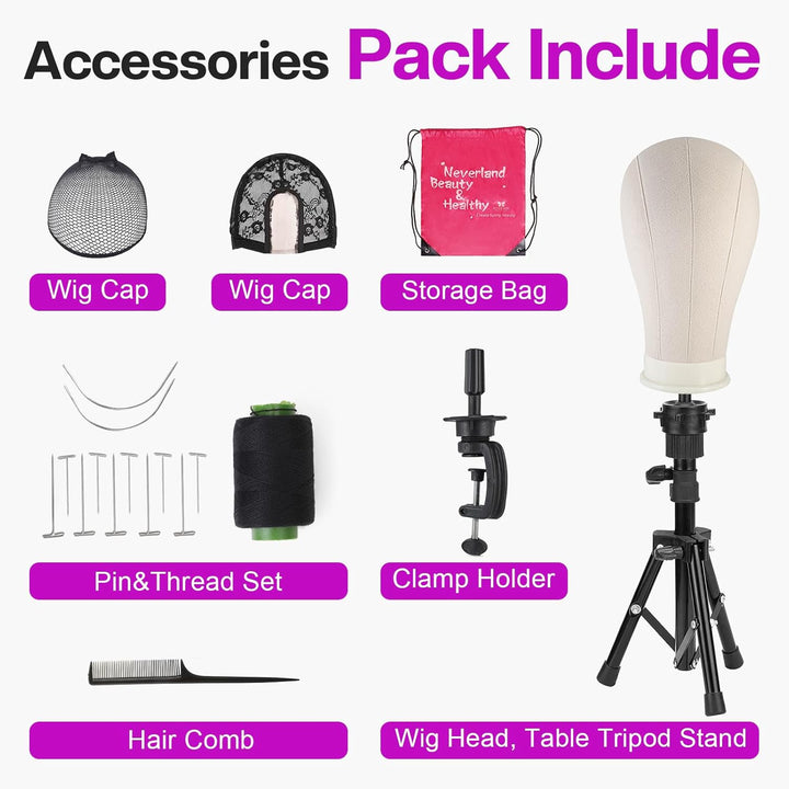23 Inch Wig Head,Wig Stand Tripod with Head,Canvas Wig Head Stand with Mannequin Head for Wigs,Manikin Head Block Set for Wigs Making Display with Wig Caps,T Pins Set,Bristle Brush