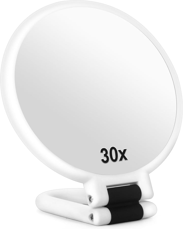 30X Magnifying Mirror, Travel Hand Mirrors with Handle - Double Side Handheld Mirror with 1X 30X Magnification & Adjustable Handle/Stand, Hand Held Foldable Travel Mirror for Makeup(Black)