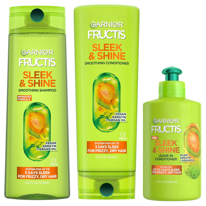 Fructis Sleek & Shine Leave-In Conditioning Cream for Frizzy, Dry Hair, Plant Keratin + Argan Oil, 10.2 Fl Oz, 2 Count (Packaging May Vary)