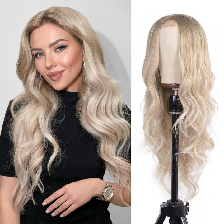Mixed Blonde Long Wave Wig for Women -26Inch Middle Part Long Curly Wig Heat Resistant Synthetic Hair Looking Natural, Fiber Wig for Daily Party Use