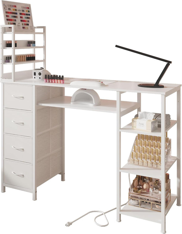 Manicure Table Nail Desk for Nail Tech with Drawers and Power Outlet,Nail Beauty Table with Storage and Open Shelves for Home,Workshop,Makeup Beauty Salon Workstation (White)