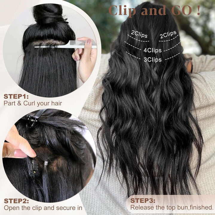Clip in Long Wavy Synthetic Hair Extension 24 Inch Black 4PCS Thick Hairpieces Fiber Double Weft Hair for Women