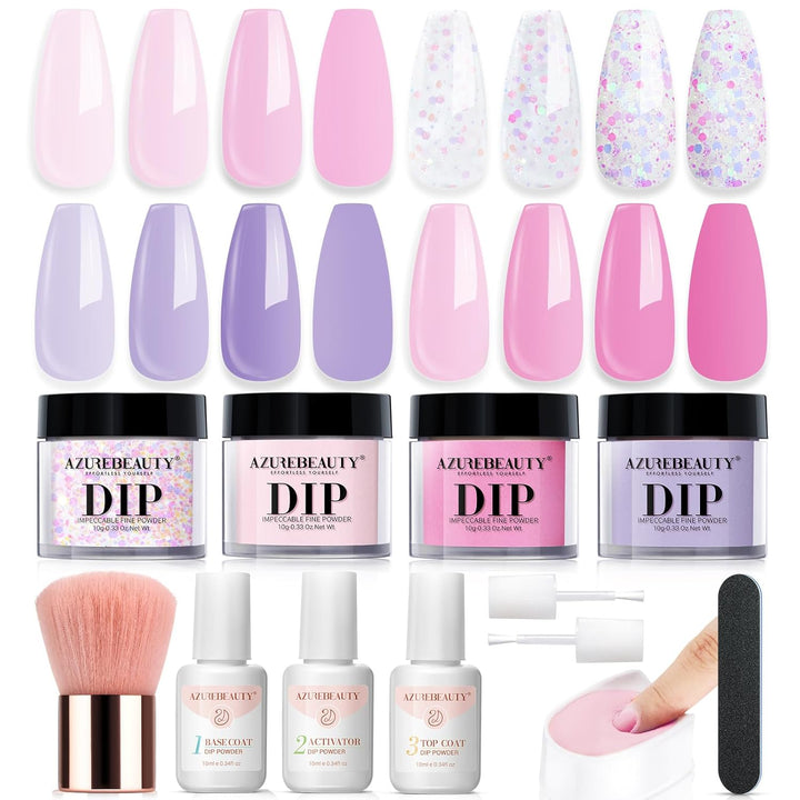 Dip Powder Nail Kit,4 Colors Nude Pink Glitter Hues,Starter Set for French Nails & All Seasons,Includes Base Coat, Top Coat, Activator & DIY Salon Liquids