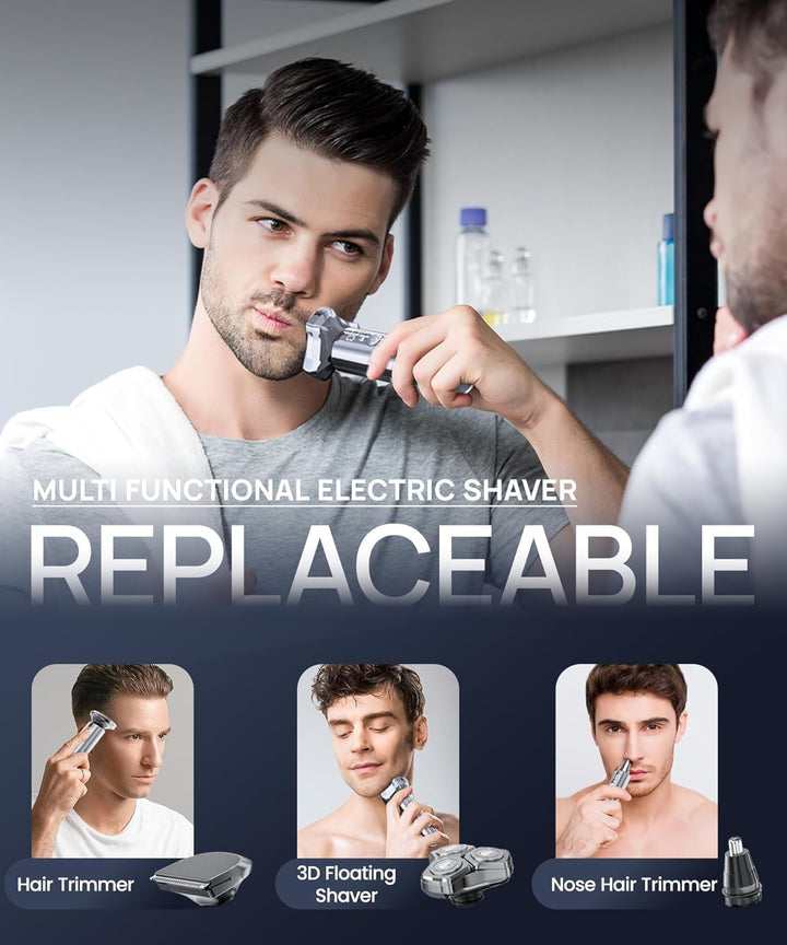 Electric Razor for Men，10,000Rpm High-Speed Motor, IPX8 Waterproof, USB Fast Charging, 5-Min Quick Charge & Travel Lock,Metallic Silver