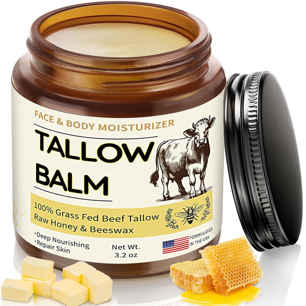 Beef Tallow for Skin, Organic Whipped Tallow and Honey Balm, Grass Fed Beef Tallow Face Moisturizer, Natural Tallow Skin Care Cream Body Butter, Nourish and Soothe Dry Skin