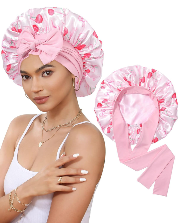 Satin Bonnet for Sleeping Cap Double Layer Hair Bonnet with Elastic Tie Band for Curly Hair Night Cap (Bean Paste + Pink)
