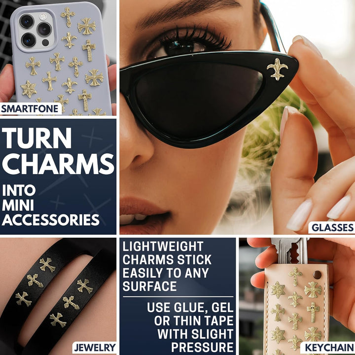 100 Pcs Gold Cross Nail Charms and Gems – 3D Gold Nail Charms Crosses, Made from Acrylic & Metal Alloy for Y2K DIY Designs – Durable and Easy-To-Apply Accessories for Creative Eye-Catching Manicures