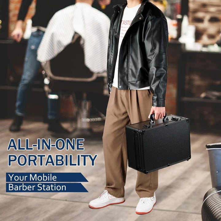 Professional Barber Case with Cap Clear Dustproof, Barber Suitcase 6 Clipper Slots & 8 Shear Holders, 17.13" Portable Aluminum Organizer for Hair Stylists & Pet Groomers