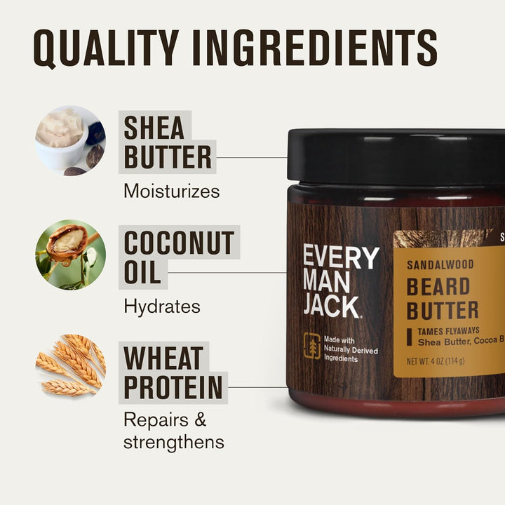 Beard Butter- Subtle Sandalwood Fragrance - Hydrates and Styles Dry, Unruly Beards While Relieving Itch - Naturally Derived with Shea Butter and Coconut Oil - 4-Ounce (2 Pack)