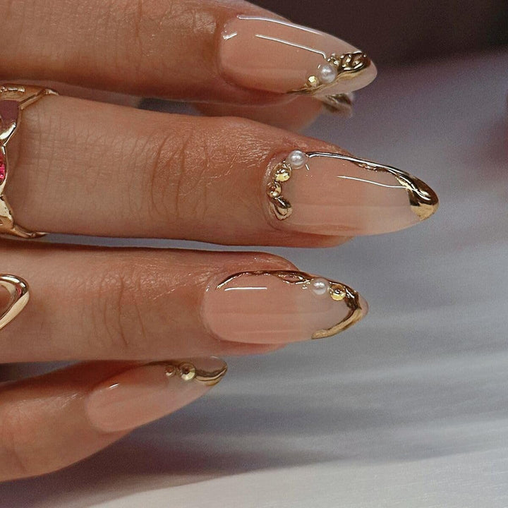 Press on Nails Almond Fake Nails French Tip False Nails with Gold Line Design Glue on Nails Press Ons Medium Acrylic Nails Glossy Full Cover Stick on Nails for Women Manicure 24Pcs