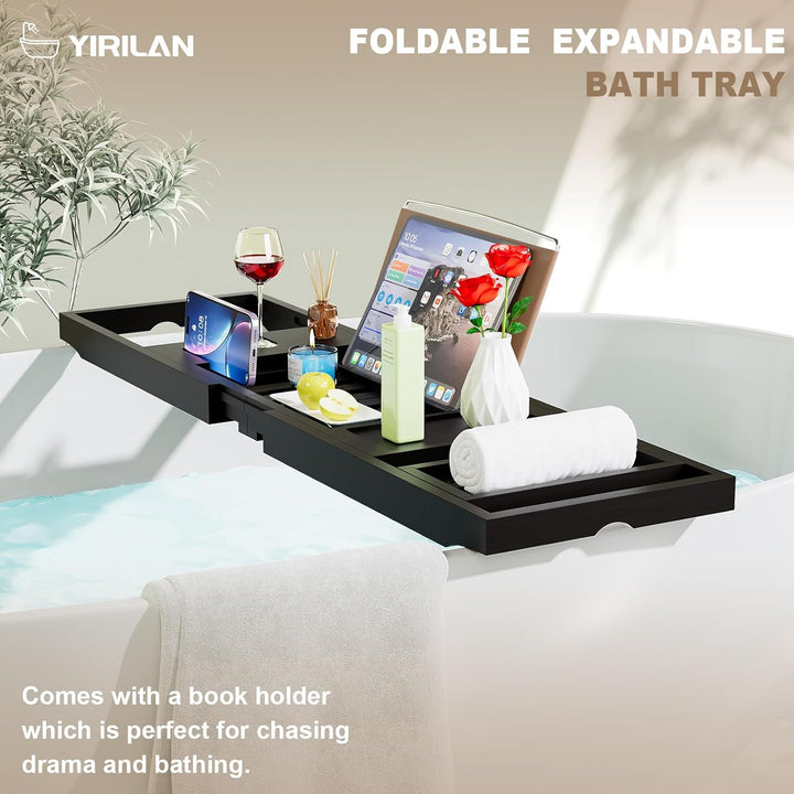 Foldable Bathtub Caddy, Expandable Bath Tray, Unique House Warming Gifts, New Home, Anniversary and Wedding Gifts for Couple, Black-New