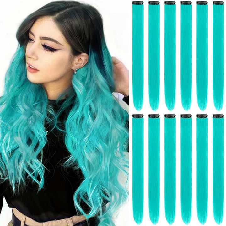 12 PCS Blue Hair Extensions Clip In, Colored Party Highlights Extension for Kids Girls Synthetic Hairpiece Straight 22 Inch