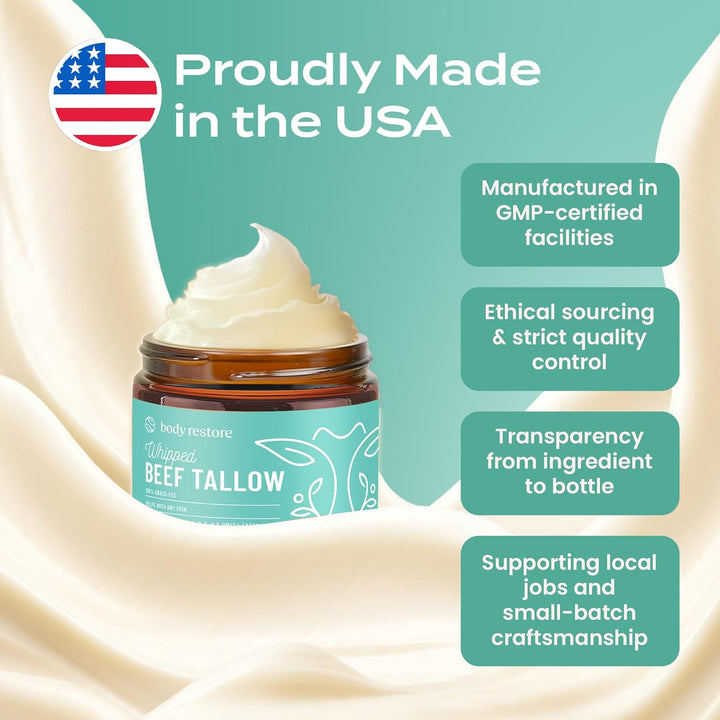Grass Fed Whipped Beef Tallow for Dry Skin, Face - Manuka Honey, Jojoba Oil, Christmas Stocking Stuffers, White Elephant, Birthday Gifts for Women, Men, Travel Essentials - Eucalyptus