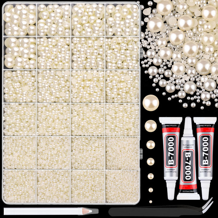 16500Pcs Flatback Pearls for Crafting (White), Assorted Size 2/3/4/5/6/8/10Mm Half Pearl with 3Pcs 10Ml B7000 Jewelry Glue, Bedazzling Kit for DIY Crafts Clothing Tumbler Shoes Embellishment Nail Art