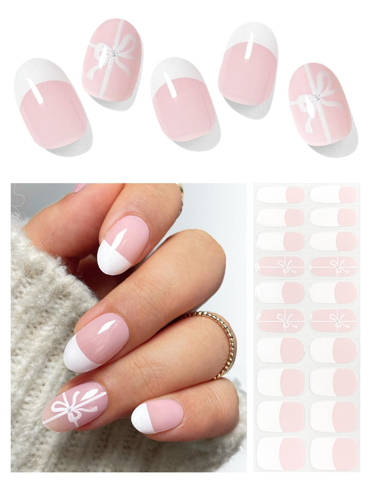 Semi Cured Gel Nail Strips (A White French Tip), Clear Base, 20 Pcs Gel Nail Wraps, Stickers, UV Light Required, Salon Quality, Long Lasting
