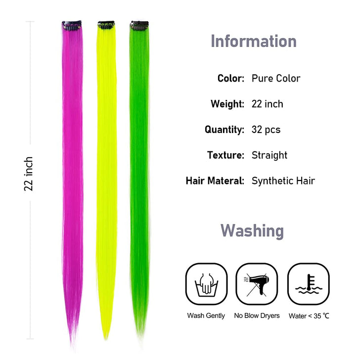 32Packs Colored Hair Extensions 20Inch Straight Color Clip in on Hair Extension Rainbow Party Highlights Synthetic Hairpiece for Girls (16 Colors)