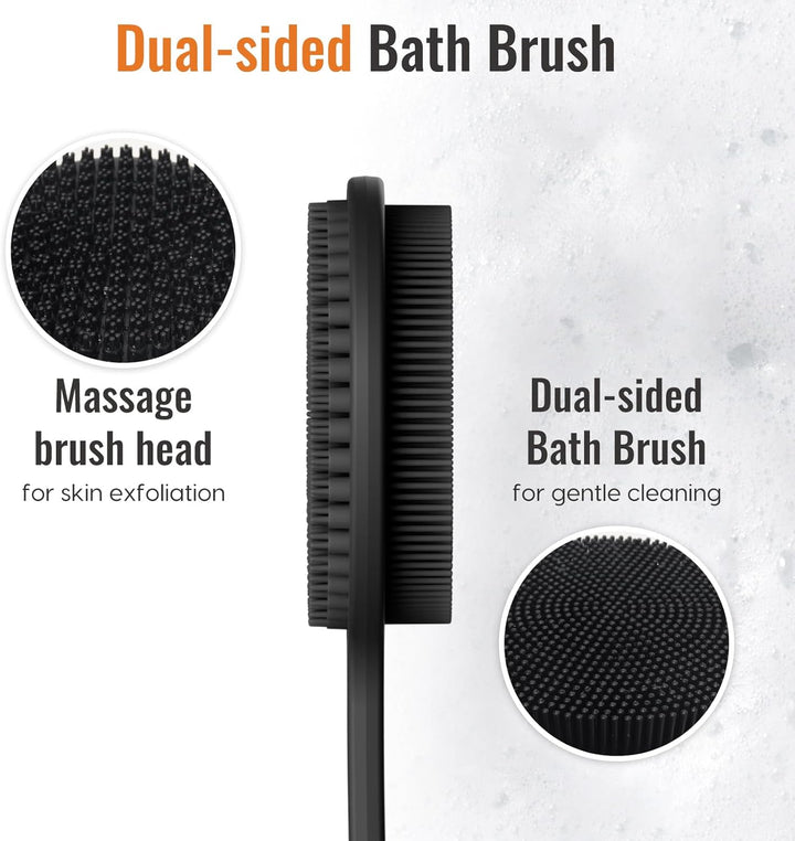 Silicone Back Scrubber for Shower, 17In Lengthen Long Handle Body Brush, Double Sided Shower Brush for Shower Exfoliating and Massage Can Produce Rich Foam, Long Handle Back Scrubber for Men.