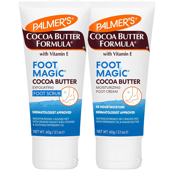 Cocoa Butter Formula Foot Magic Bundle, Exfoliating Foot Scrub and Moisturizing Foot Cream for Dry, Cracked Heels (2 X 2.1 Oz Tubes)