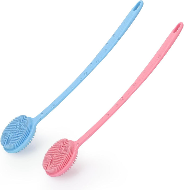 Silicone Back Scrubber for Shower, 17In Lengthen Long Handle Body Brush, Double Sided Shower Brush for Shower Exfoliating and Massage Can Produce Rich Foam, Long Handle Back Scrubber for Men.