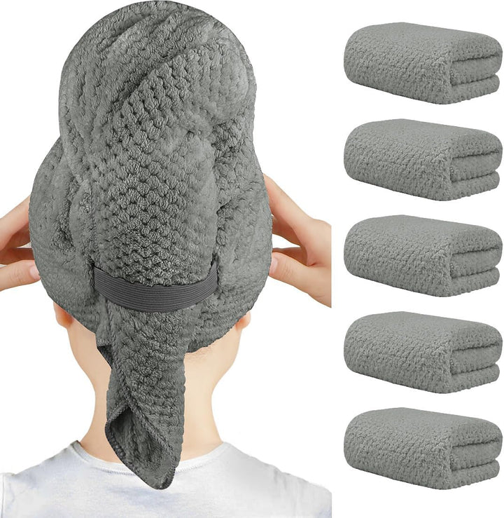 5 Pack Microfiber Hair Towels - 40 X 20 Inches Super Soft, Fast Drying Turbans for Long, Thick, Curly Hair - anti Frizz Wrap with Elastic Strap